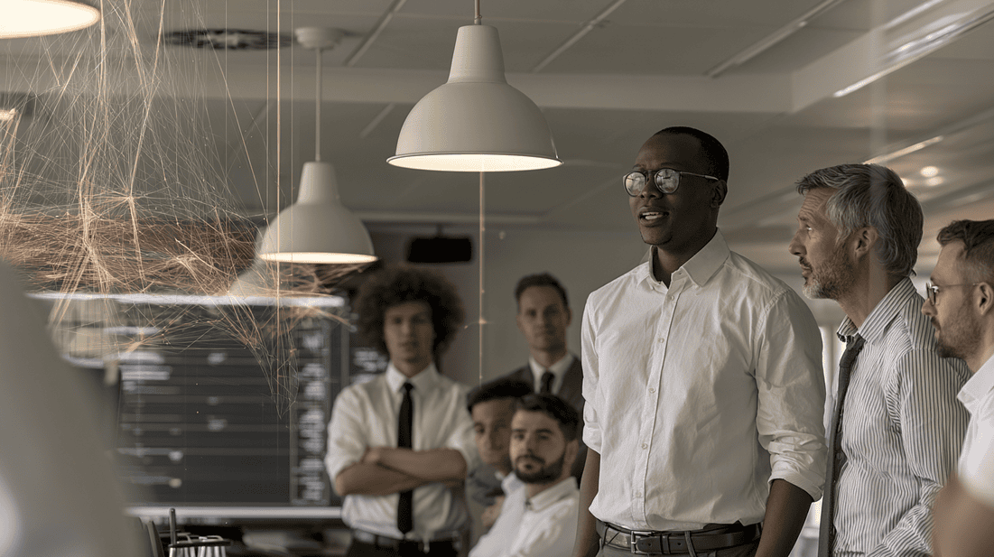 Executive team reviewing AI governance risks and responsibilities in a boardroom.