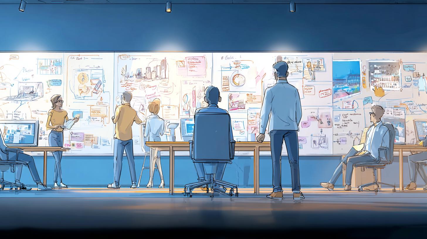 Cross-functional team mapping how AI fits into a real business workflow with human oversight.