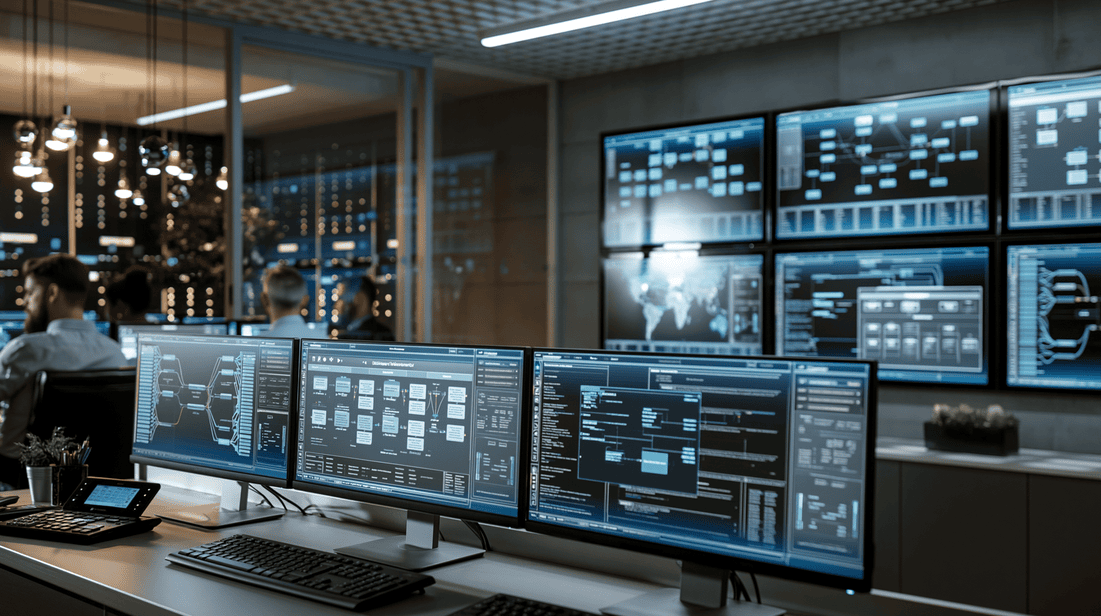 Screens filled with metrics in a high-tech business office environment