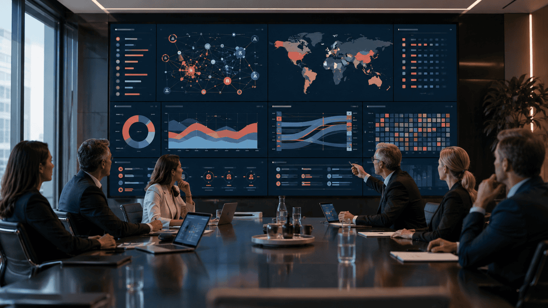 Executive team reviewing an AI governance dashboard showing enterprise AI use, risk signals, vendor activity, and adoption patterns.