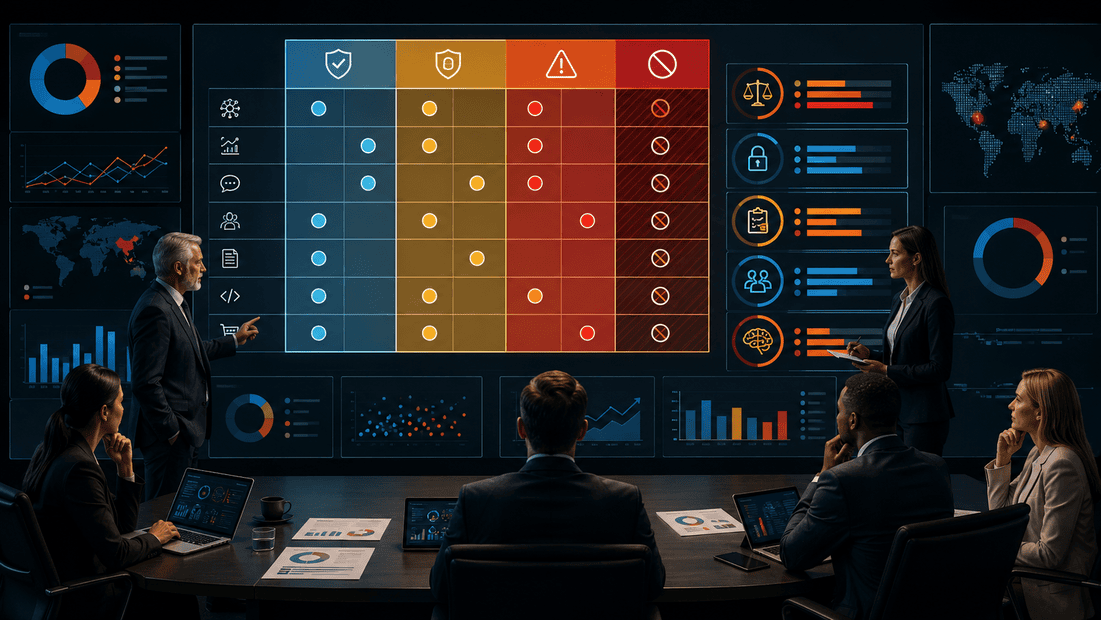 Executive team reviewing an AI risk tier matrix for classifying AI use cases by governance requirements.