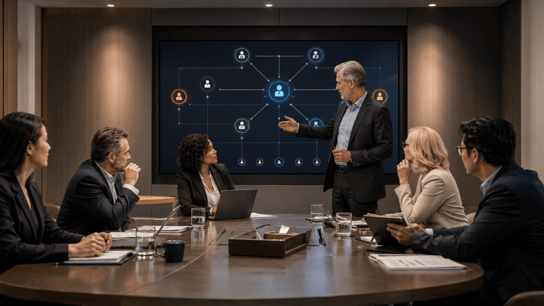 Leadership team mapping AI governance ownership and decision rights across business, legal, compliance, security, and technology roles.