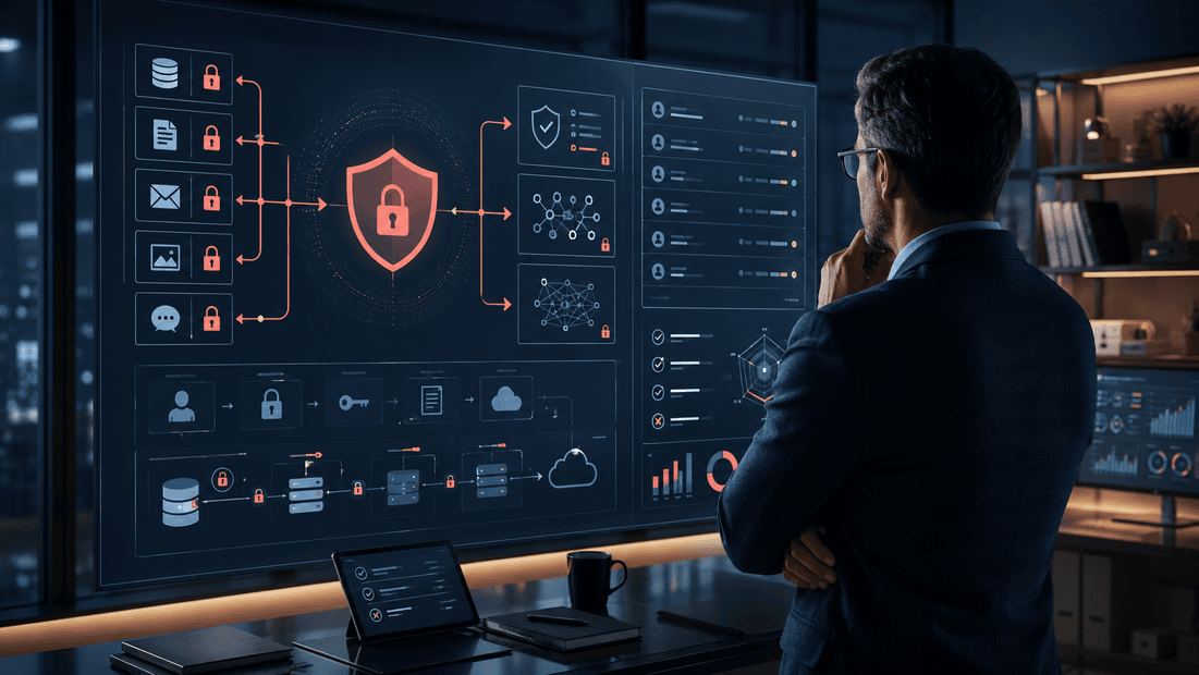 Executive reviewing AI data controls, access permissions, privacy safeguards, and secure data flows.