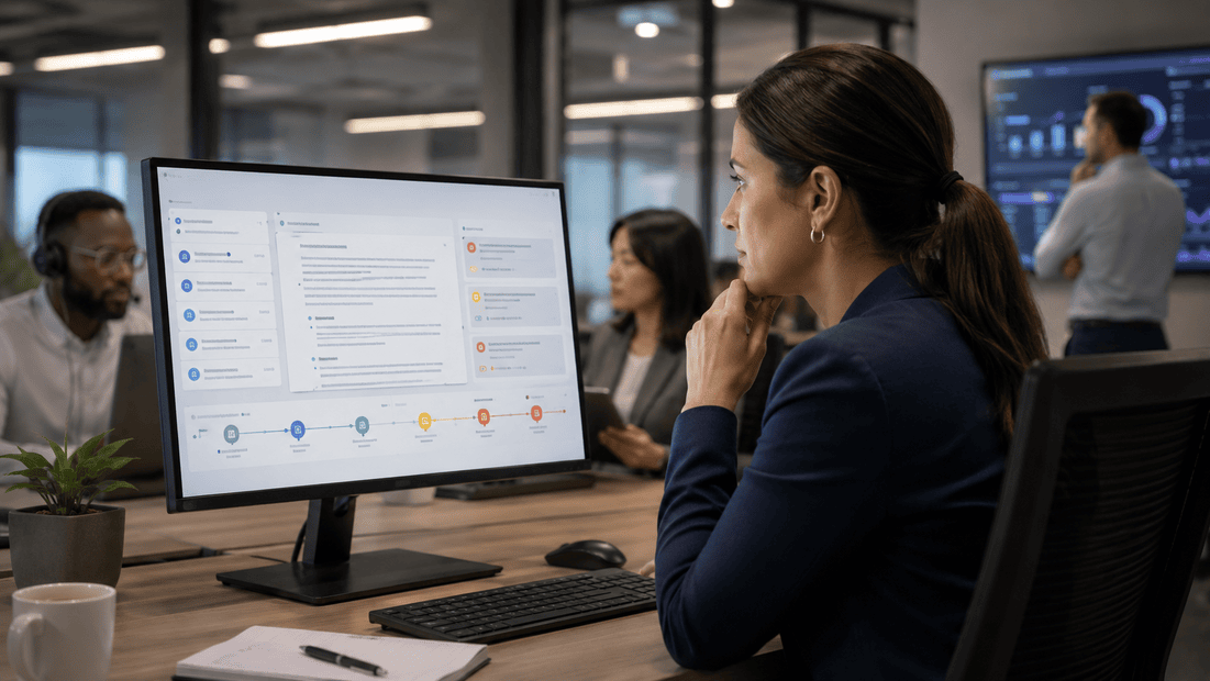 Operations leader reviewing AI-assisted workflow outputs with human review checkpoints, policy controls, and validation steps.