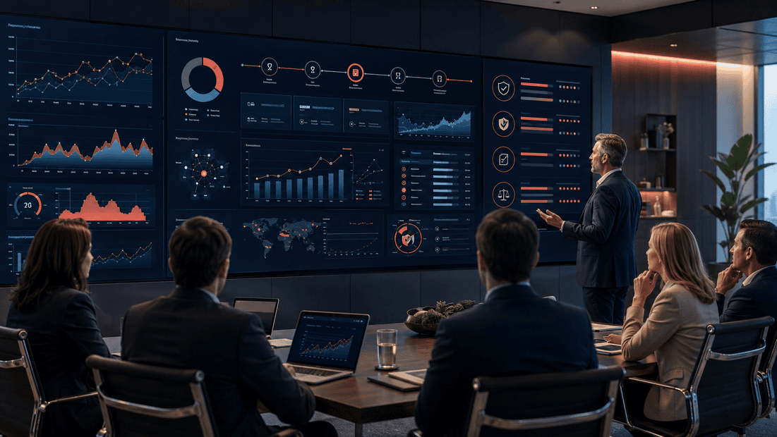 Executive team monitoring deployed AI systems, governance controls, performance metrics, vendor changes, and risk indicators.