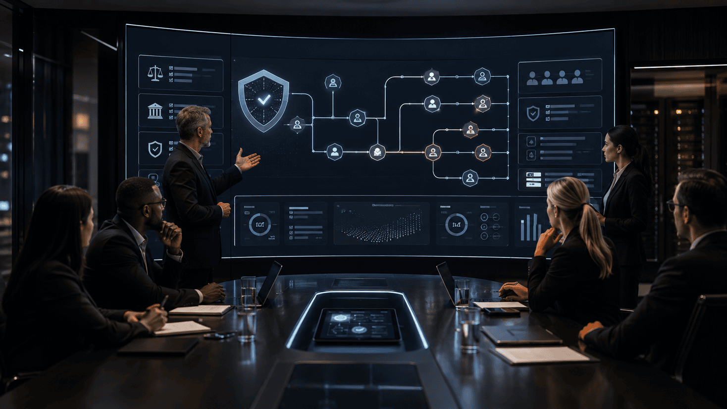 Executive team reviewing AI governance, risk controls, human oversight, and decision rights as part of an AI roadmap.