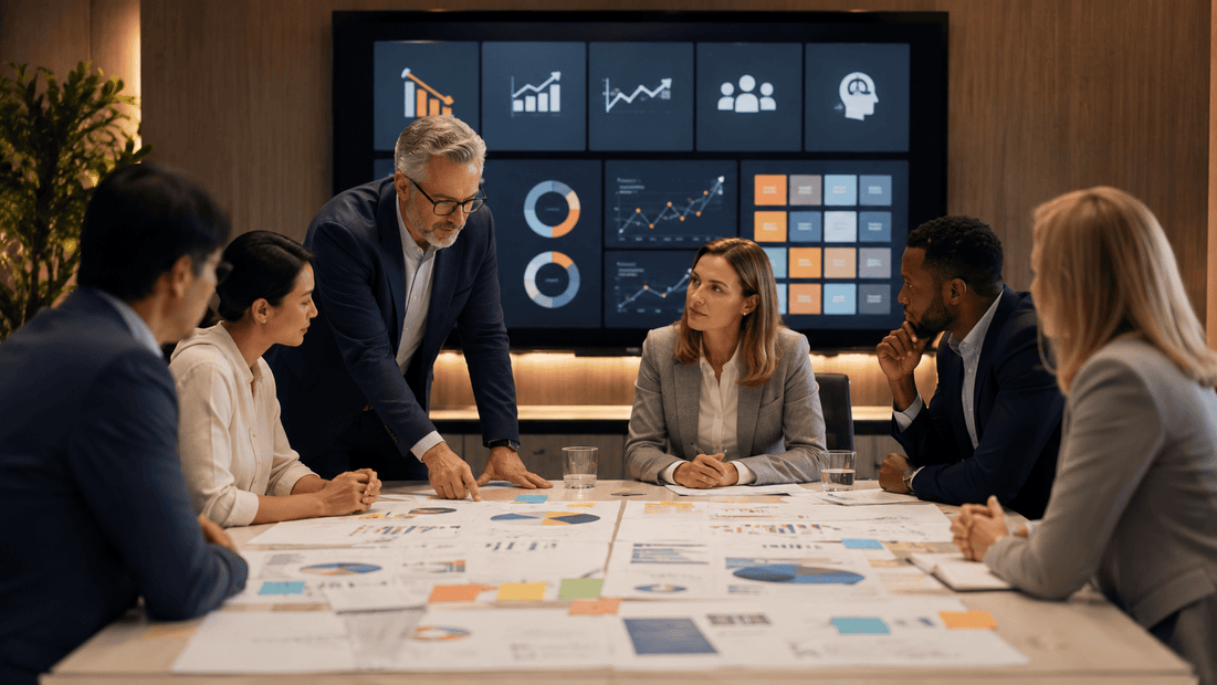 Leadership team mapping business priorities and operational goals before selecting AI use cases for an executable AI roadmap.