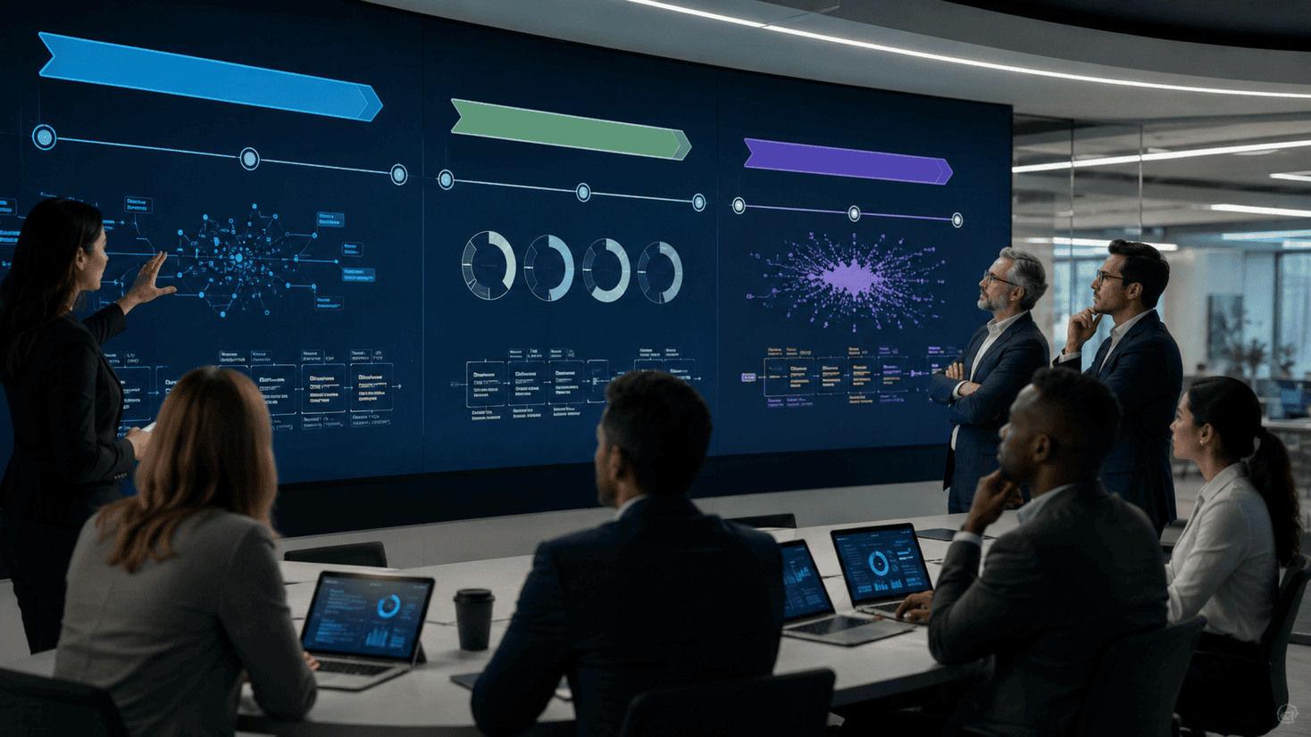 Leadership team reviewing a phased AI roadmap timeline with pilot milestones, governance checkpoints, investment decisions, and business performance metrics.