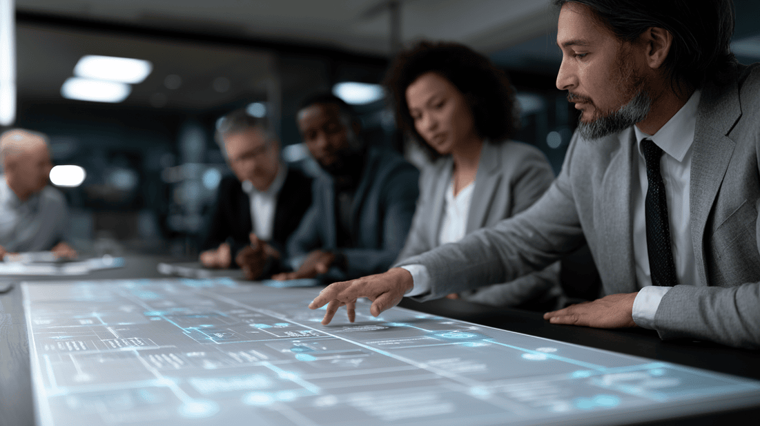 Executives using a decision matrix to choose whether to start with AI readiness, strategy, pilots, or governance.