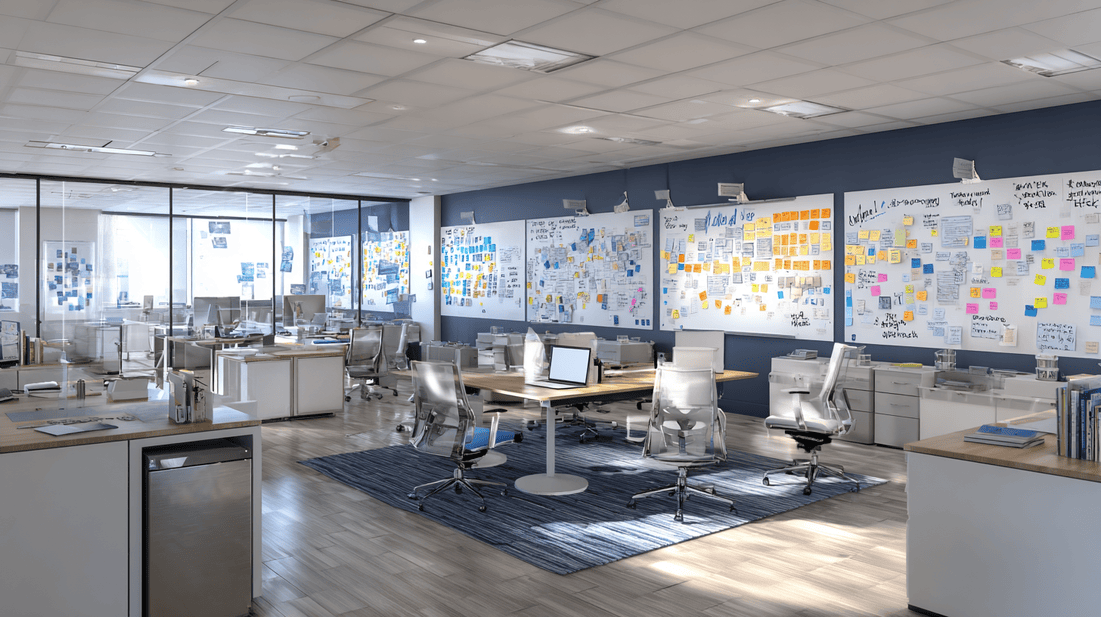 Office that is empty of employees, but littered with employee notes