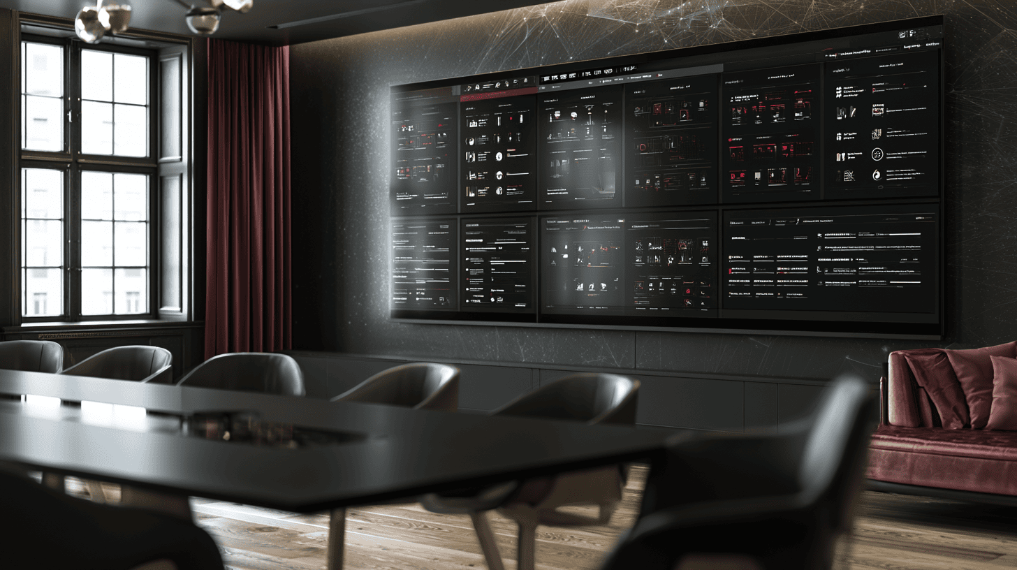 High-end executive AI investment portfolio dashboard in a modern boardroom setting.