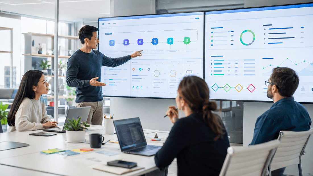 Cross-functional team reviewing AI pilot workflows, adoption metrics, implementation readiness, and scale criteria on a modern operations dashboard.